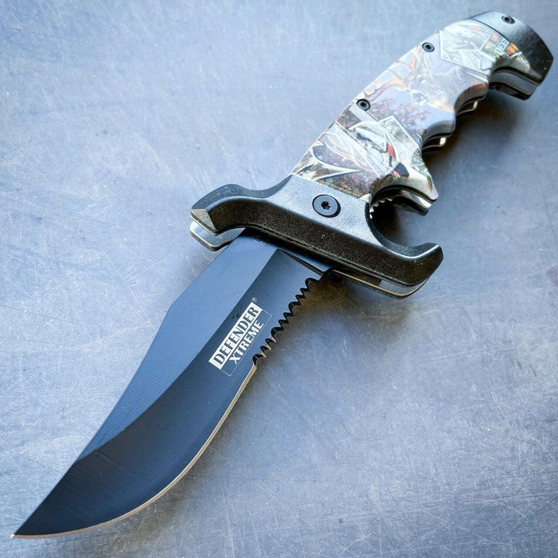 9" Outdoor Hunting Spring Assisted Open Folding Pocket Knife Bowie Style Blade Deer - BLADE ADDICT