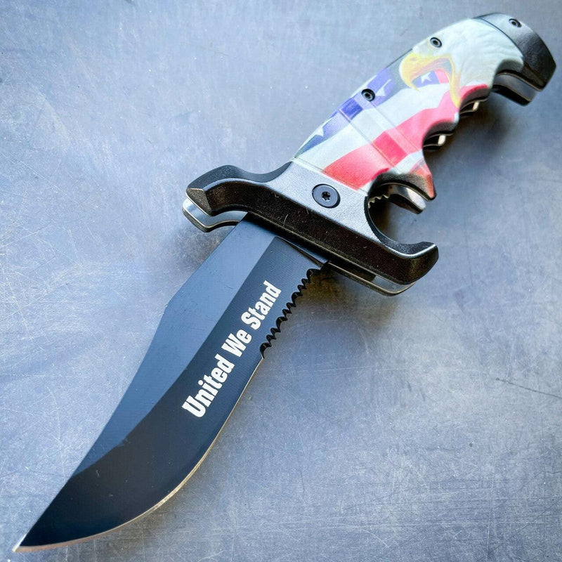 9" Outdoor Hunting Spring Assisted Open Folding Pocket Knife Bowie Style Blade Eagle Head Flag - BLADE ADDICT