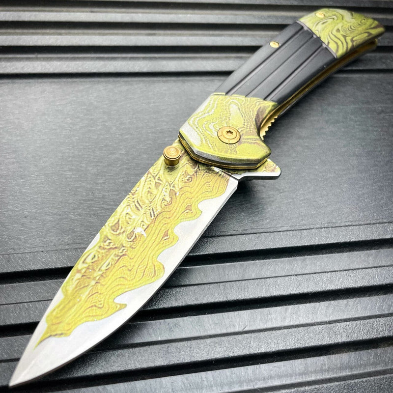 8" Heavy Titanium Damascus Etched Stainless Steel Spring Assisted Pocket Knife Gold - BLADE ADDICT