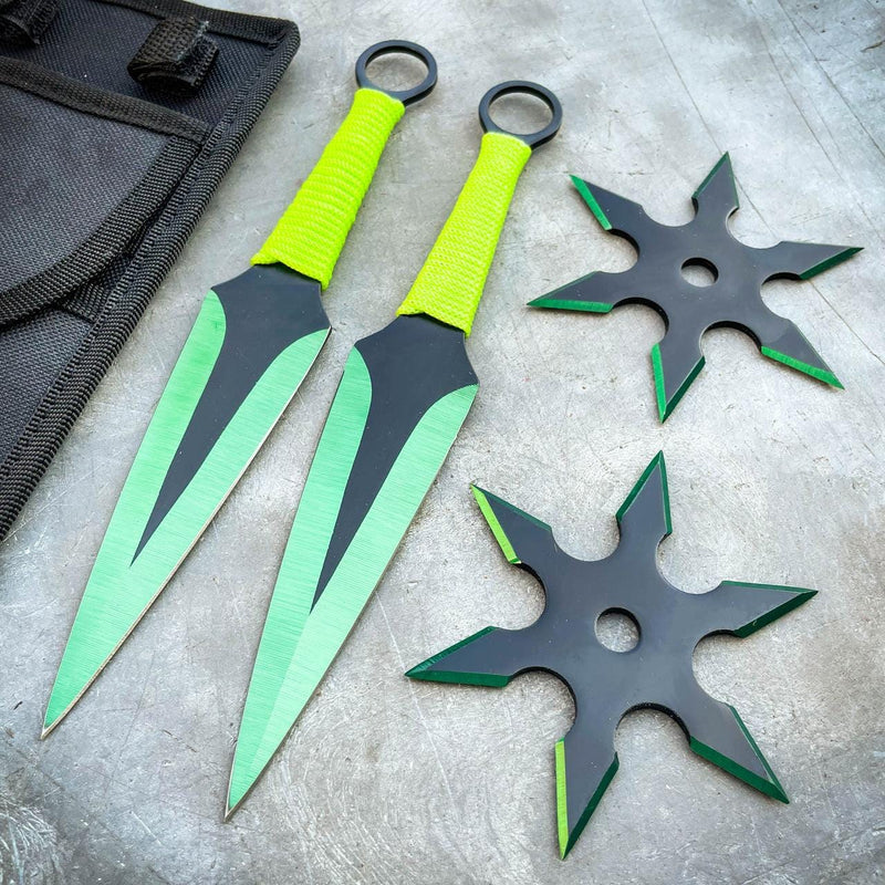 4 PC Ninja Throwing Knives Combo Star Shuriken Set Green - BLADE ADDICT