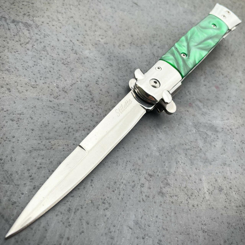 9" Classic Italian Style Stiletto Folding Spring Assisted Open Pocket Knife Green - BLADE ADDICT
