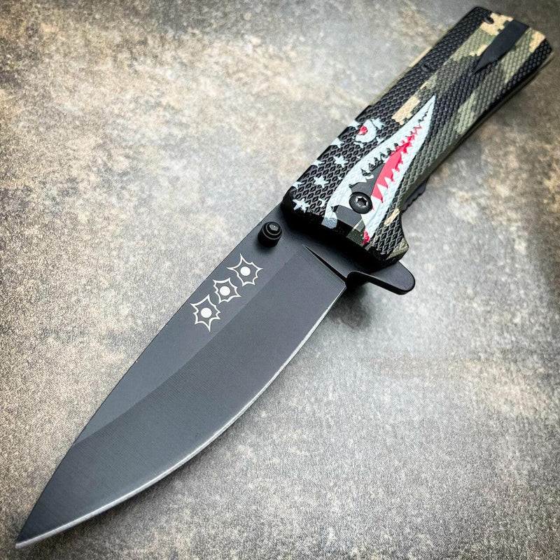 8" Military Shark Head Tactical Spring Assisted Pocket OPEN Folding Knife Blade Green/Black - BLADE ADDICT