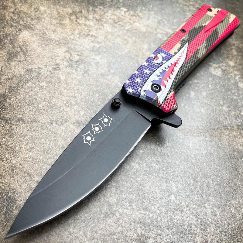 8" Military Shark Head Tactical Spring Assisted Pocket OPEN Folding Knife Blade Green/Red - BLADE ADDICT