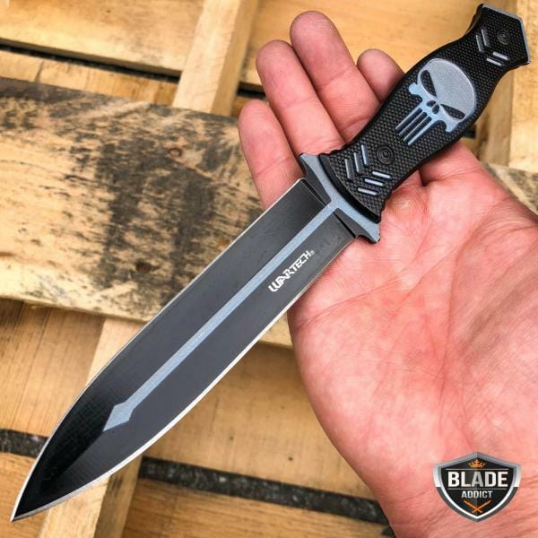 9.5" Tactical FIXED BLADE Full Tang Hunting Skull Dagger Boot Knife w/ Sheath Grey - BLADE ADDICT