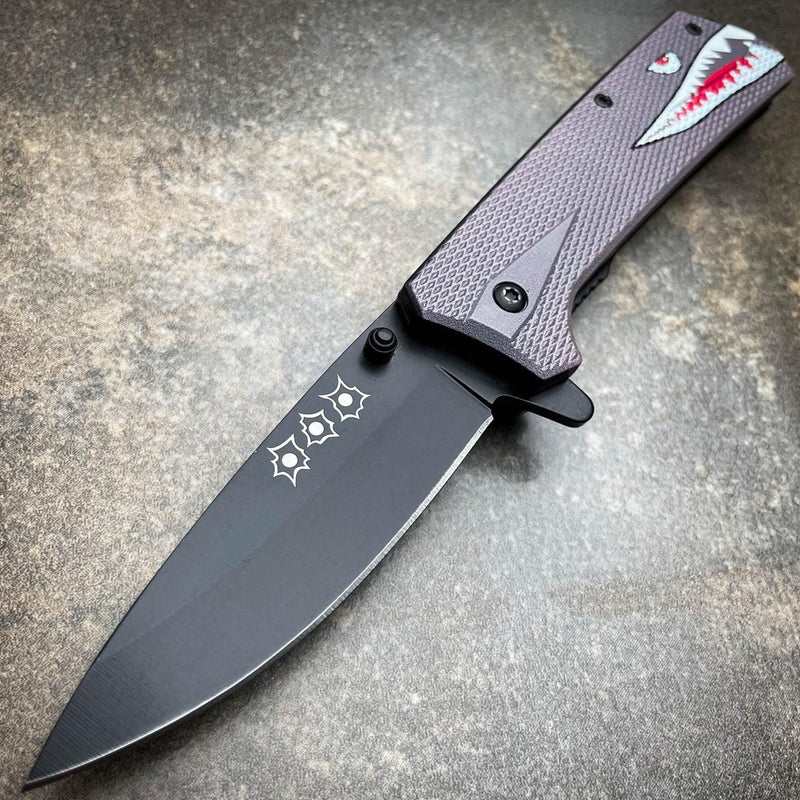8" Military Shark Head Tactical Spring Assisted Pocket OPEN Folding Knife Blade Grey Shark - BLADE ADDICT