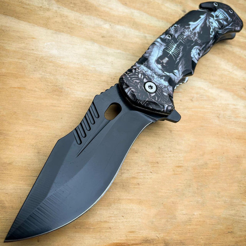 Military TACTICAL Assisted Open Pocket Folding Skull Rescue Knife Blade Grim Reaper - BLADE ADDICT