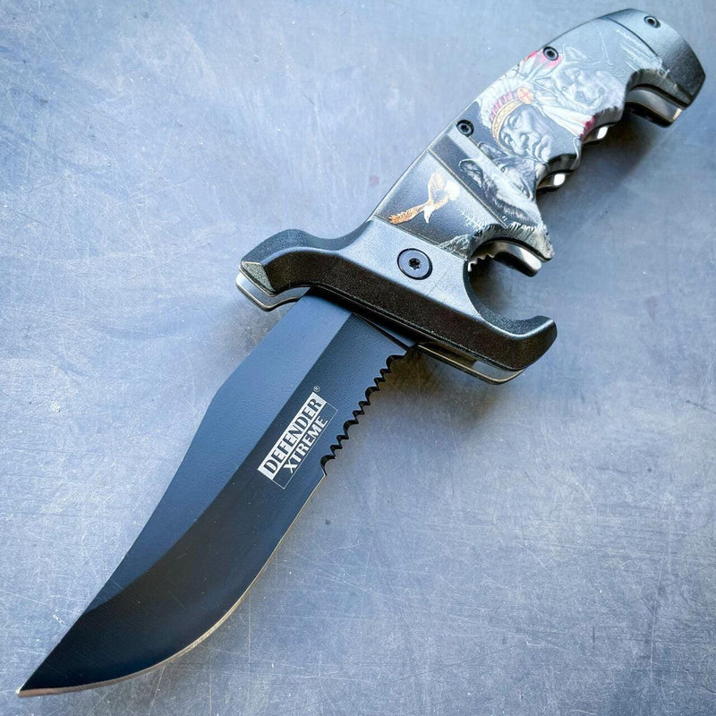 9" Outdoor Hunting Spring Assisted Open Folding Pocket Knife Bowie Style Blade Indian Spirit - BLADE ADDICT