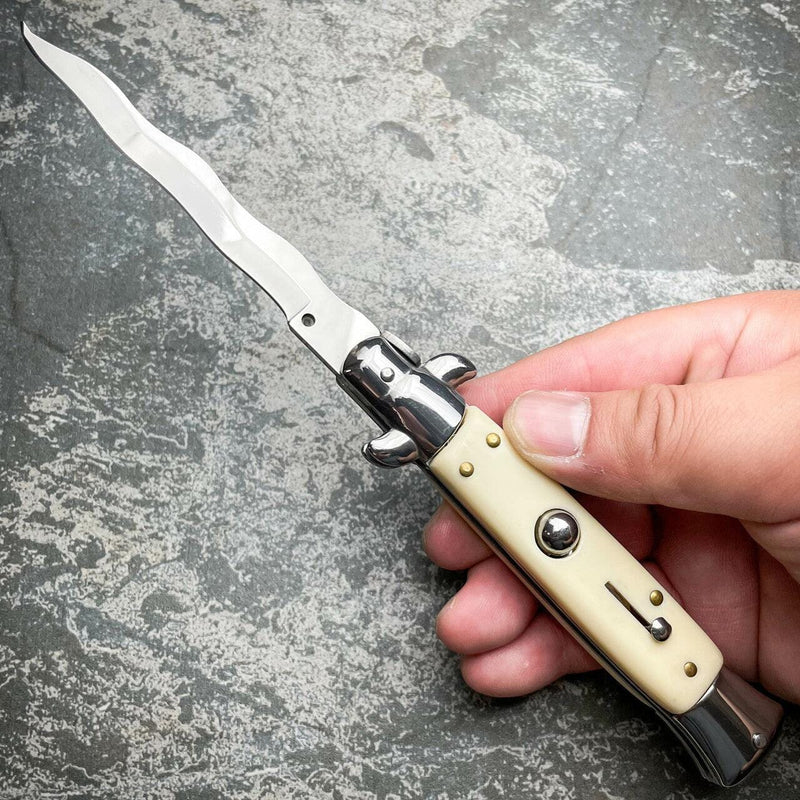 8.75" Italian Stiletto Switch Kris Blade Pocket Knife Ivory - BLADE ADDICT