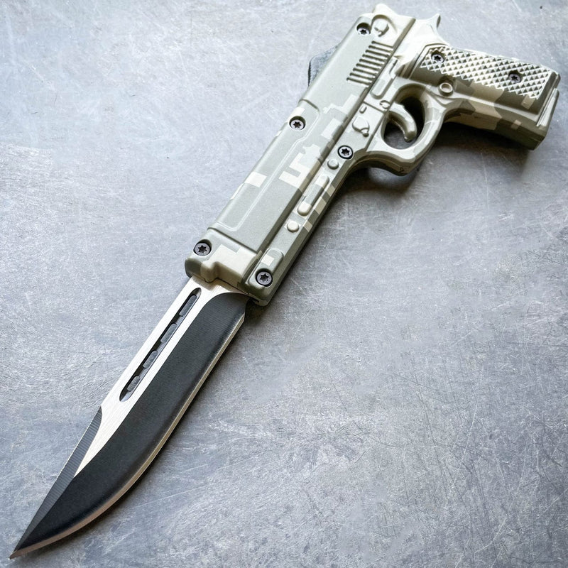 Pistol Style OTF Auto Knife Military Grey Digi Camo - BLADE ADDICT