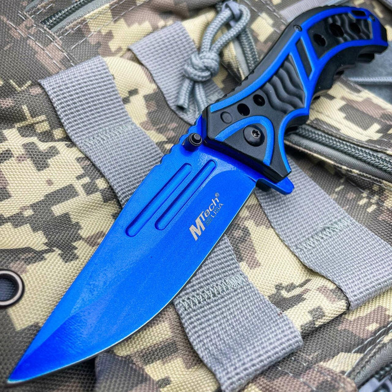 MTECH USA 8.25" BLUE SPRING OPEN ASSISTED TACTICAL FOLDING POCKET KNIFE Blade - BLADE ADDICT