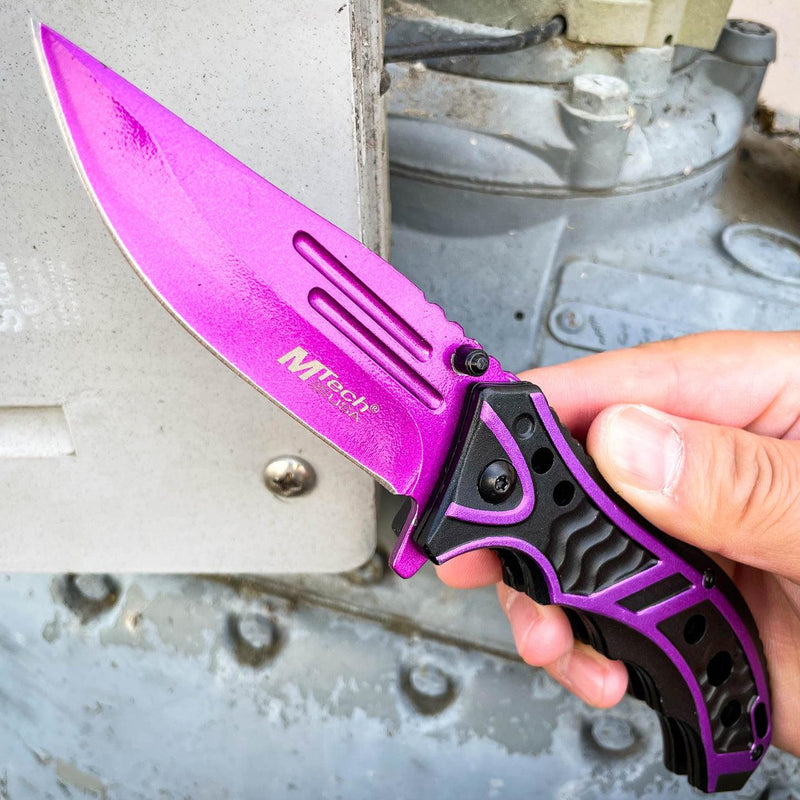 MTECH USA 8.25" PURPLE SPRING OPEN ASSISTED TACTICAL FOLDING POCKET KNIFE Blade - BLADE ADDICT