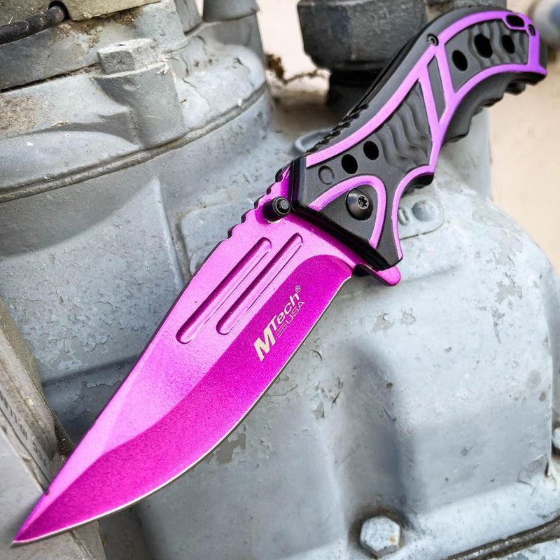 MTECH USA 8.25" PURPLE SPRING OPEN ASSISTED TACTICAL FOLDING POCKET KNIFE Blade - BLADE ADDICT