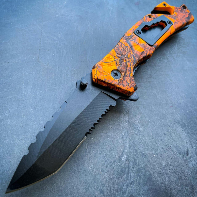 8" Military Tactical Spring Assisted Rescue Multi Tool Pocket OPEN Folding Knife Orange Camo - BLADE ADDICT