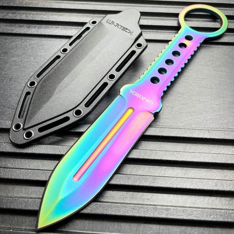 8.25" Tactical FIXED BLADE Full Tang Combat Hunting Throwing Knife w/ Sheath Rainbow - BLADE ADDICT