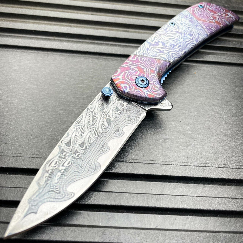 8" Heavy Titanium Damascus Etched Stainless Steel Spring Assisted Pocket Knife Rainbow - BLADE ADDICT