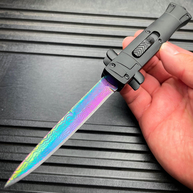 9" Italian Stiletto Style OTF Knife Damascus Etch Rainbow - BLADE ADDICT