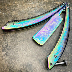 The Barber Balisong Butterfly Knife Straight Razor Rainbow - BLADE ADDICT