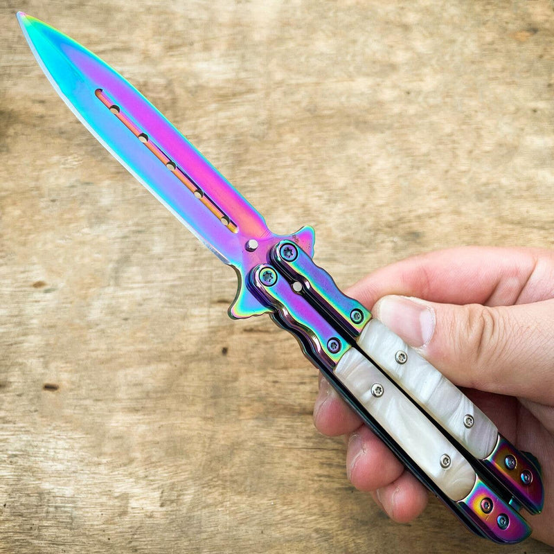 Draco Balisong Butterfly Knife Rainbow w/ White - BLADE ADDICT