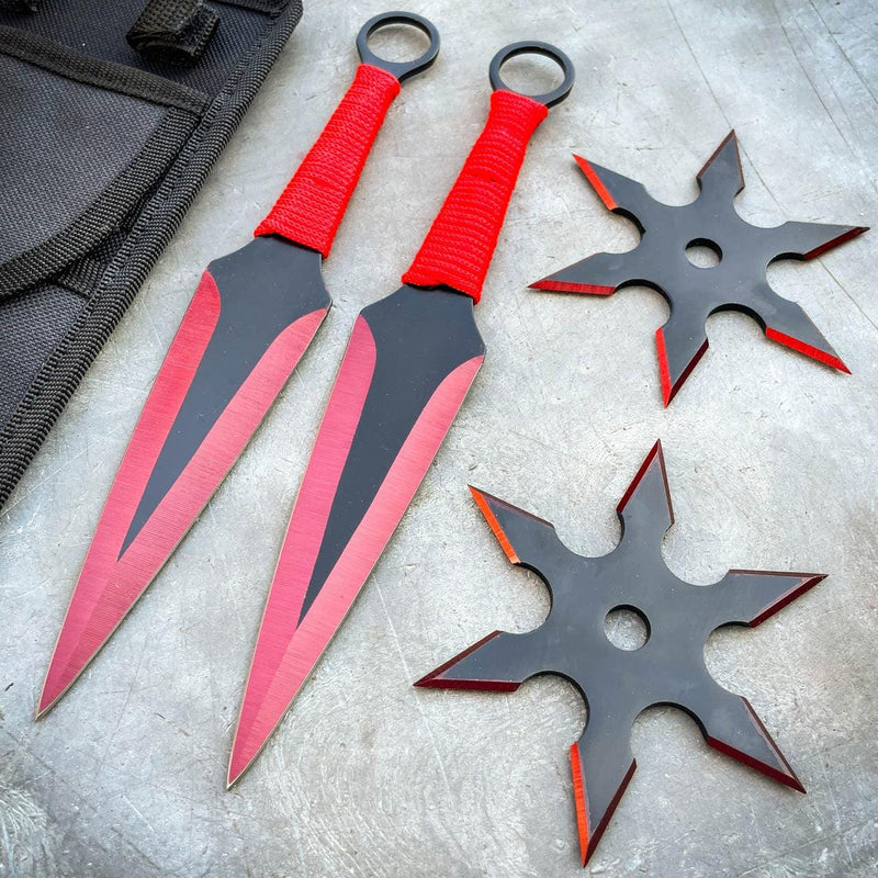4 PC Ninja Throwing Knives Combo Star Shuriken Set Red - BLADE ADDICT
