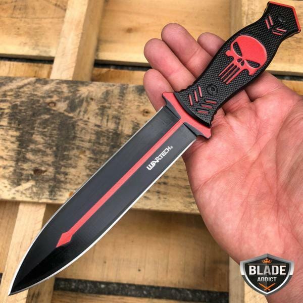 9.5" Tactical FIXED BLADE Full Tang Hunting Skull Dagger Boot Knife w/ Sheath Red - BLADE ADDICT