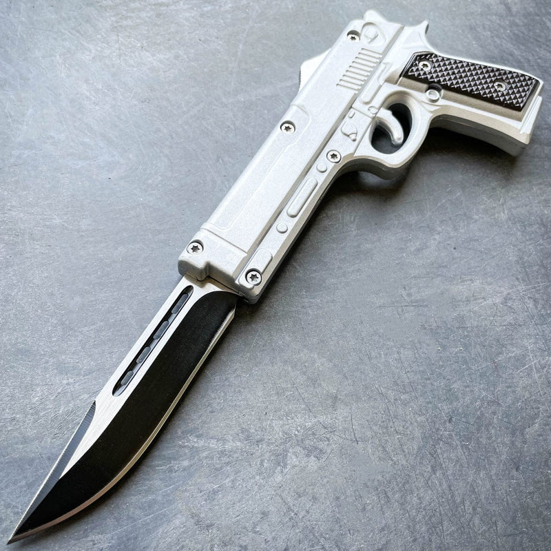 Pistol Style OTF Auto Knife Silver - BLADE ADDICT