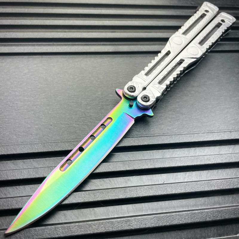 Axis Balisong Butterfly Knife Silver w/ Rainbow Blade - BLADE ADDICT