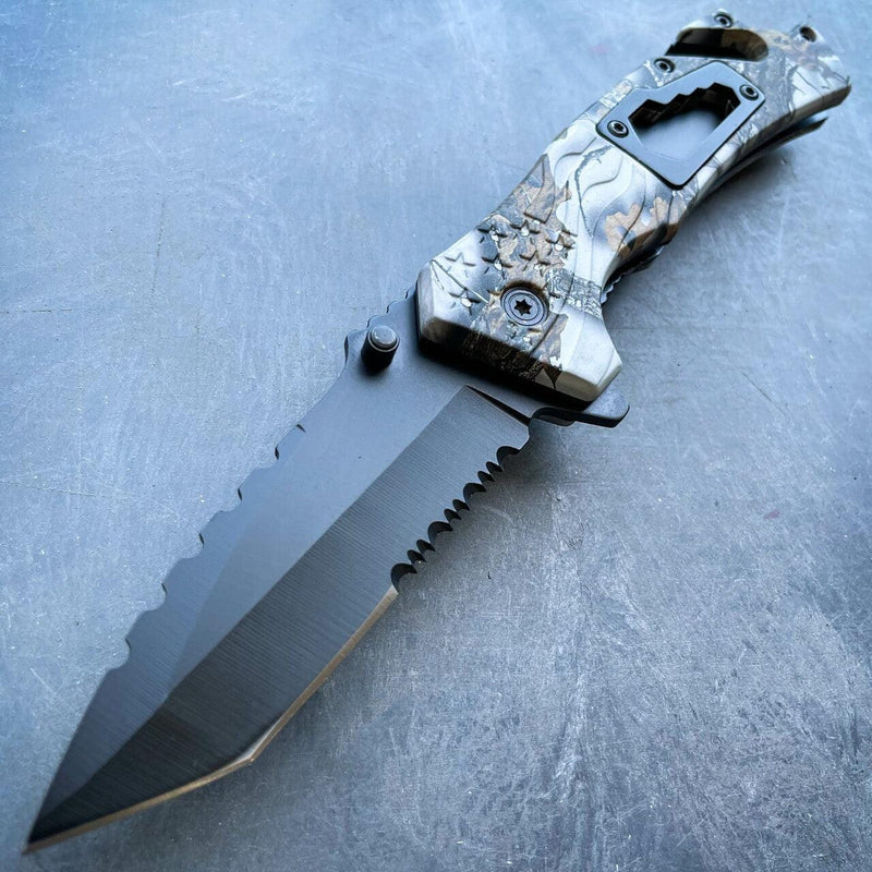 8" Military Tactical Spring Assisted Rescue Multi Tool Pocket OPEN Folding Knife Snow Camo - BLADE ADDICT