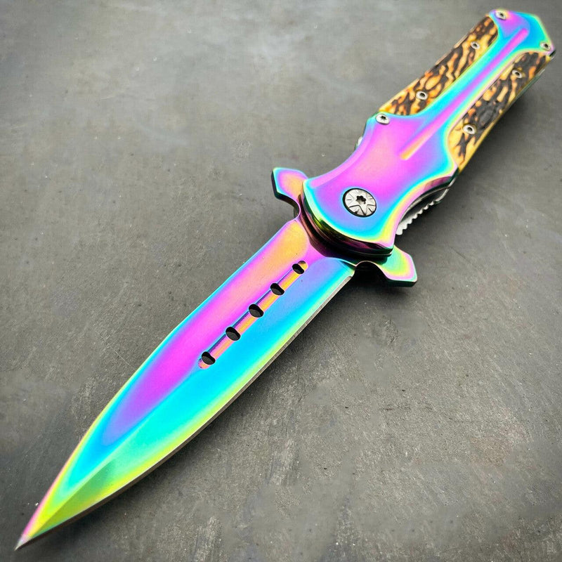 8.2" Rainbow Titanium Fade Pocket Knife Stag - BLADE ADDICT