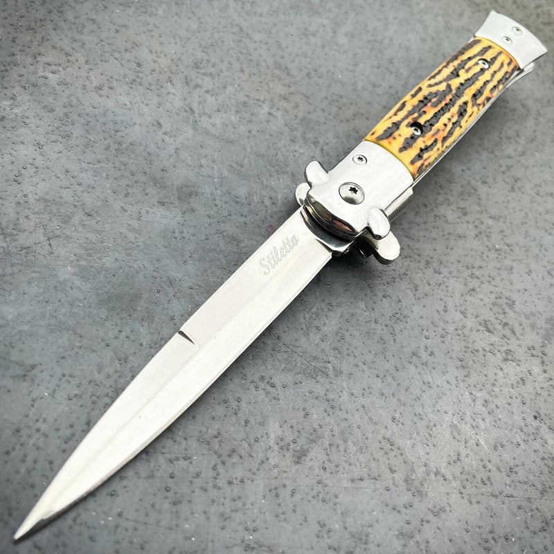 9" Classic Italian Style Stiletto Folding Spring Assisted Open Pocket Knife Stag - BLADE ADDICT