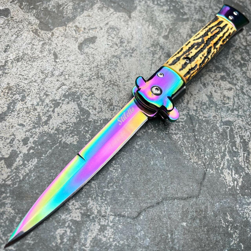 9" Italian Style Rainbow Spring Assisted Open Folding Stiletto Pocket Knife Stag - BLADE ADDICT