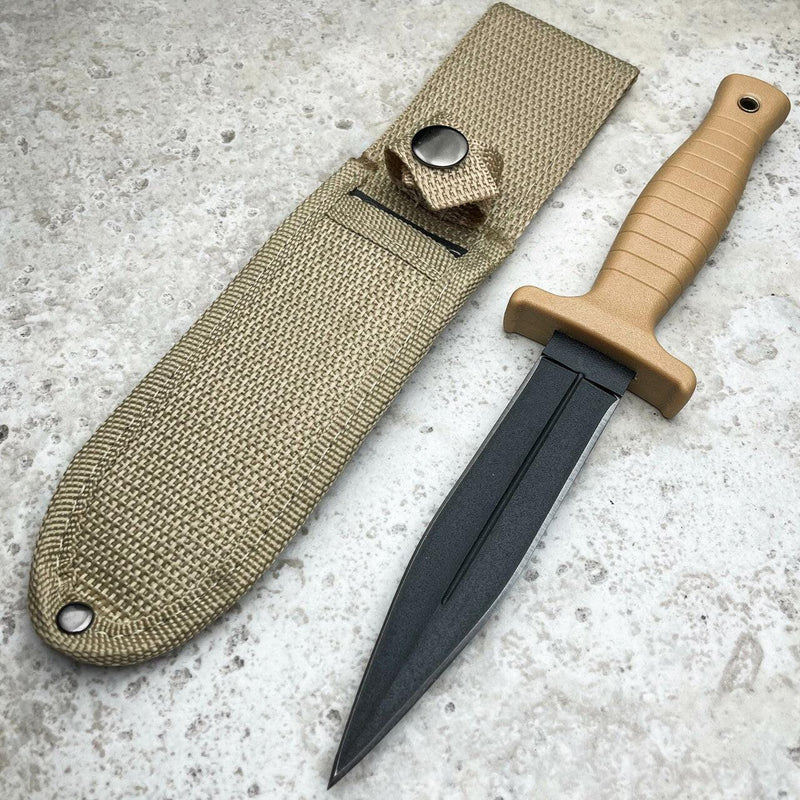9" TACTICAL COMBAT BOOT KNIFE Survival Hunting MILITARY Fixed Blade Tan - BLADE ADDICT