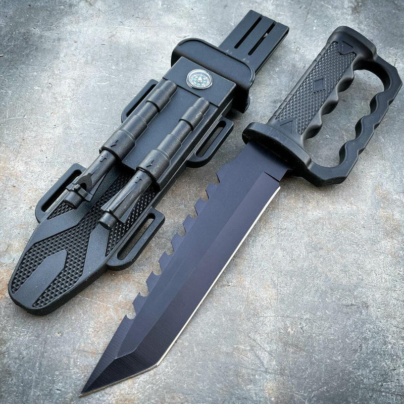 12.5" Survival Knuckle Fixed Blade w/ Compass, Fire Starter, Sharpening Rod Tanto Blade - BLADE ADDICT