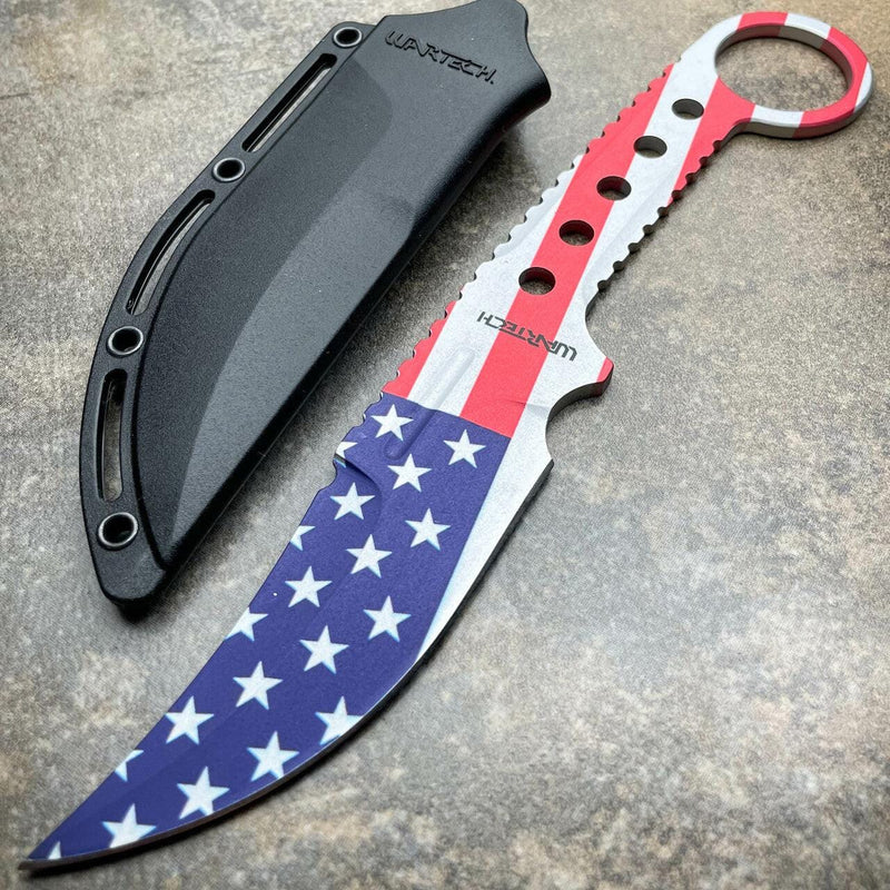 8.25" Survival Upswept Combat Fixed Blade Knife w/ Sheath USA Flag - BLADE ADDICT