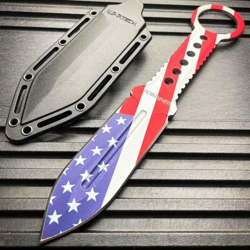 8.25" Tactical FIXED BLADE Full Tang Combat Hunting Throwing Knife w/ Sheath USA Flag - BLADE ADDICT