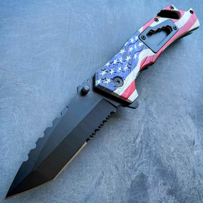 8" Military Tactical Spring Assisted Rescue Multi Tool Pocket OPEN Folding Knife USA Flag - BLADE ADDICT