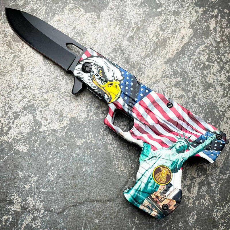 8" POLICE HAND PISTOL Gun Folding Assisted Pocket Knife USA Flag - BLADE ADDICT