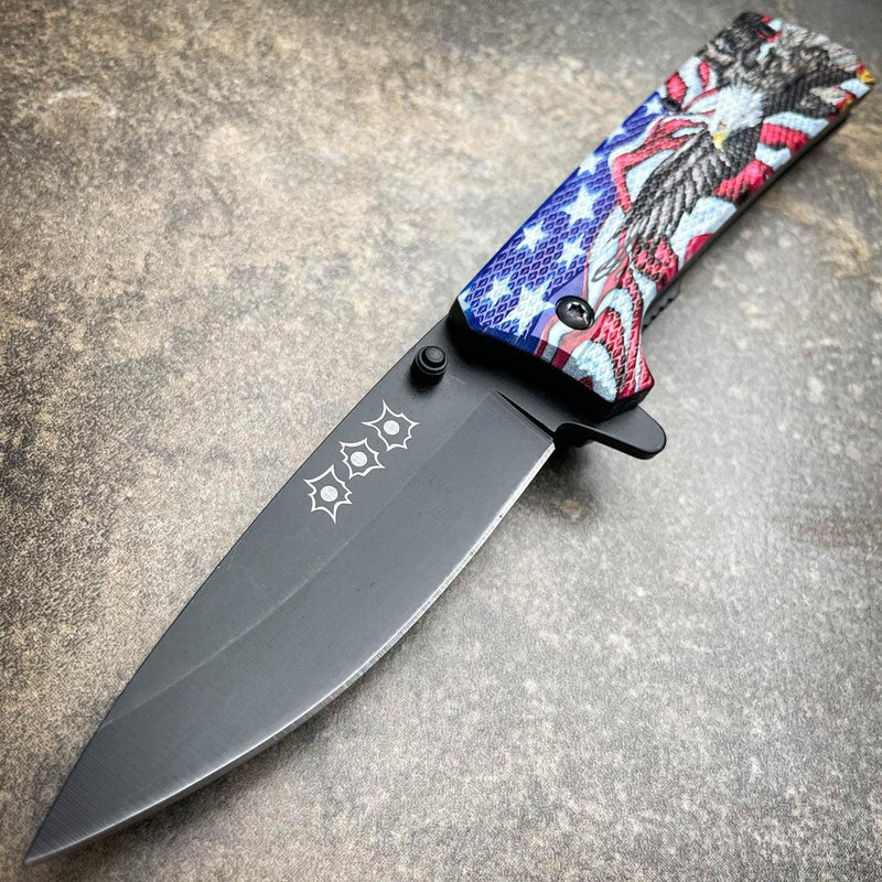 8" Military Shark Head Tactical Spring Assisted Pocket OPEN Folding Knife Blade USA Flag Eagle - BLADE ADDICT