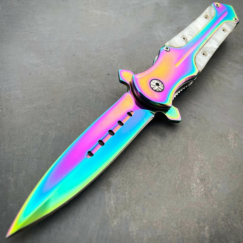 8.2" Rainbow Titanium Fade Pocket Knife White - BLADE ADDICT