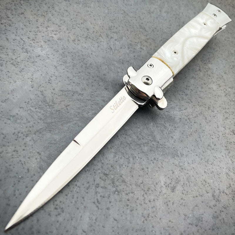 9" Classic Italian Style Stiletto Folding Spring Assisted Open Pocket Knife White - BLADE ADDICT