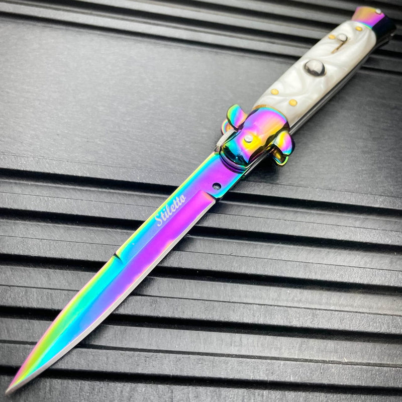 8.75" Italian Stiletto Switch Blade Auto Pocket Knife White w/ Rainbow Blade - BLADE ADDICT