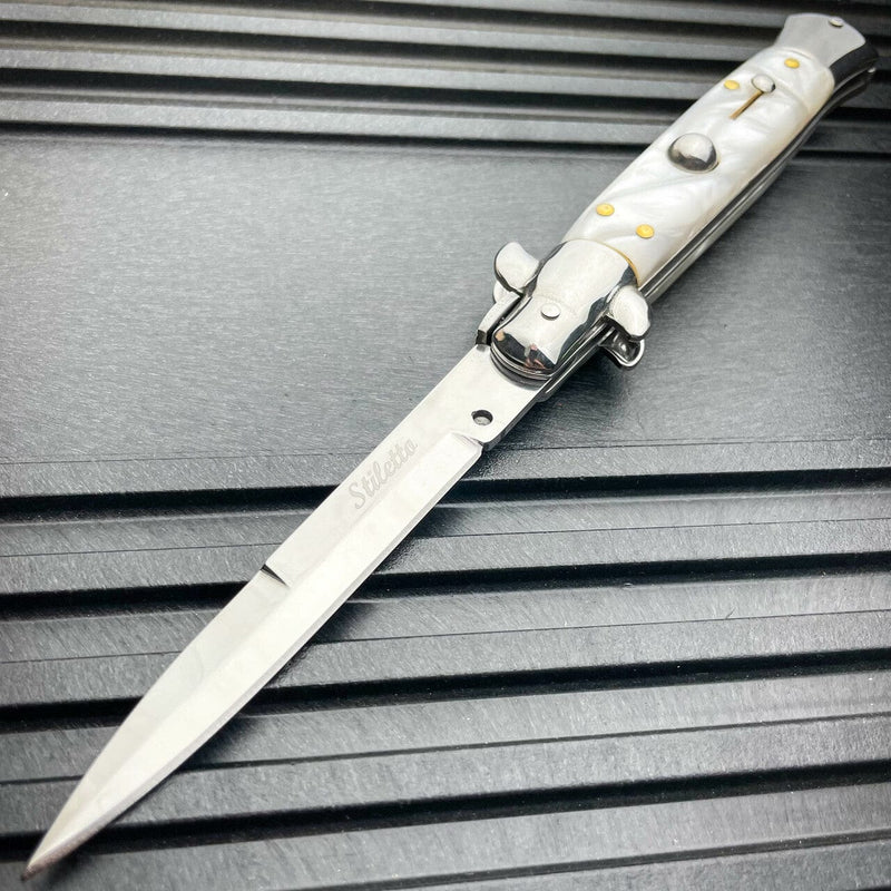 8.75" Italian Stiletto Switch Blade Auto Pocket Knife White w/ Silver Blade - BLADE ADDICT