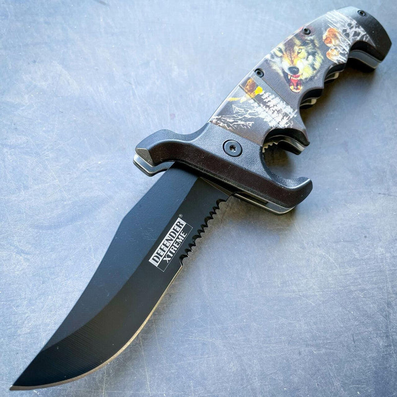 9" Outdoor Hunting Spring Assisted Open Folding Pocket Knife Bowie Style Blade Wolf - BLADE ADDICT