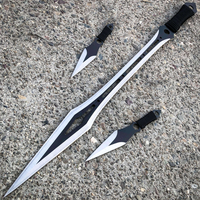 27" Ninja Machete Sword Tactical Fixed BLADE w/ 2 Throwing Knife + Sheath Set - BLADE ADDICT