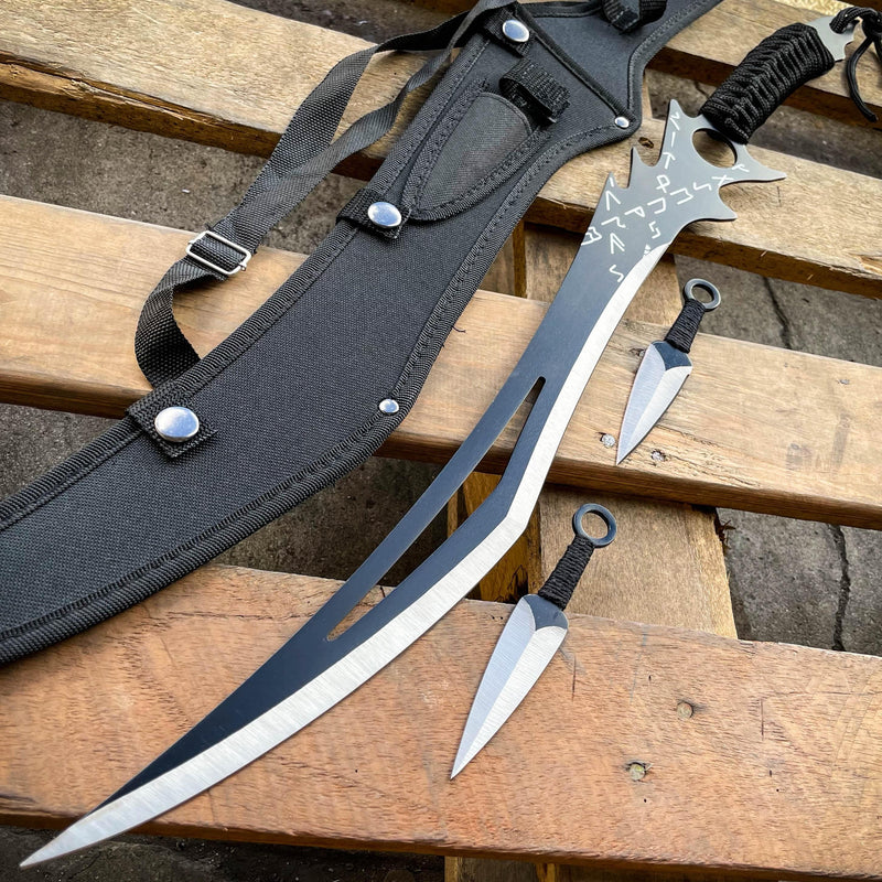 26" NINJA SWORD Zombie Anime Machete Tactical Blade Katana + 2PCS Throwing Knife Black w/ Silver - BLADE ADDICT