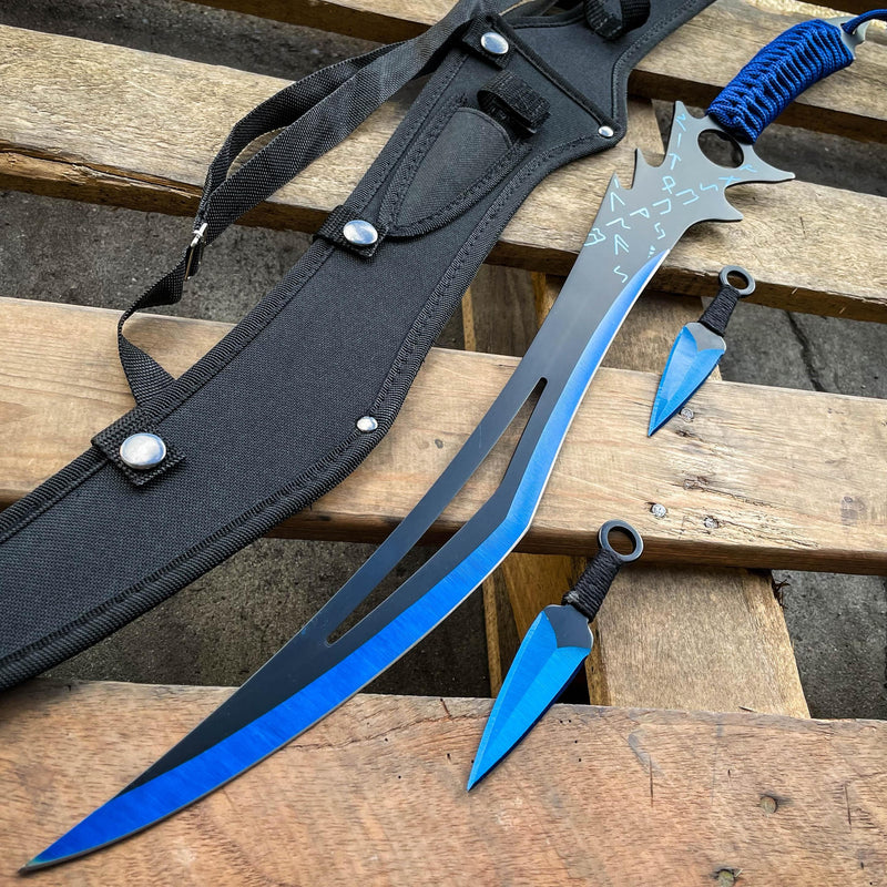 26" NINJA SWORD Zombie Anime Machete Tactical Blade Katana + 2PCS Throwing Knife Blue - BLADE ADDICT