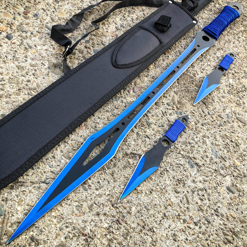 27" Ninja Machete Sword Tactical Fixed BLADE w/ 2 Throwing Knife + Sheath Set Blue - BLADE ADDICT