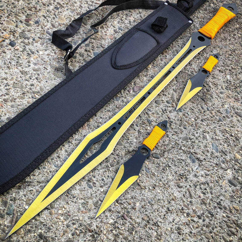 27" Ninja Machete Sword Tactical Fixed BLADE w/ 2 Throwing Knife + Sheath Set Gold - BLADE ADDICT