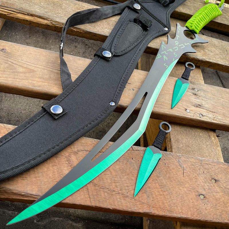 26" NINJA SWORD Zombie Anime Machete Tactical Blade Katana + 2PCS Throwing Knife Green - BLADE ADDICT