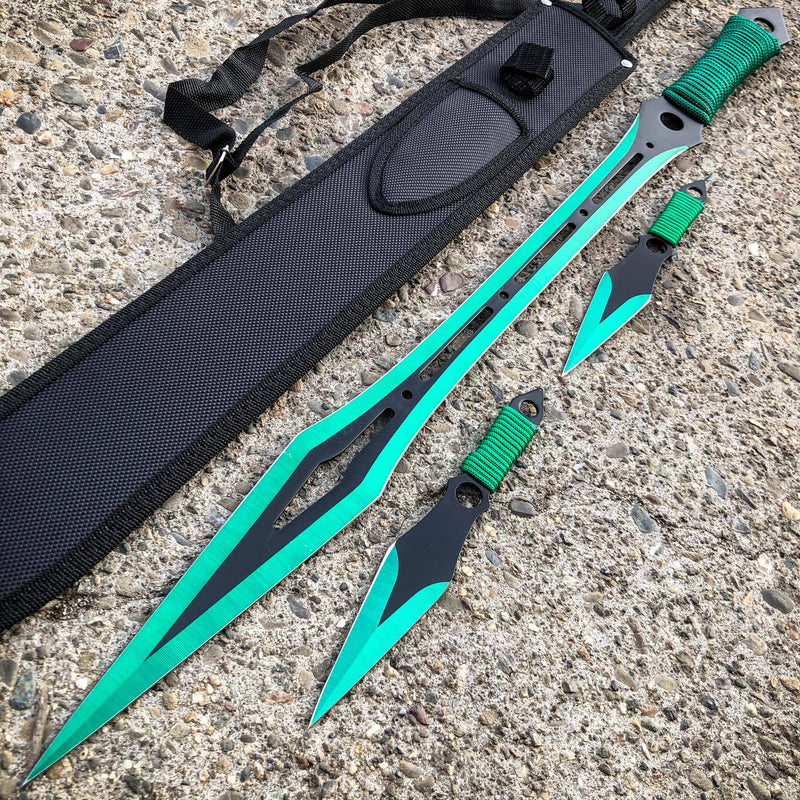 27" Ninja Machete Sword Tactical Fixed BLADE w/ 2 Throwing Knife + Sheath Set Green - BLADE ADDICT