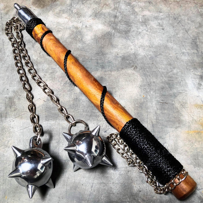 Medieval Spike Two Ball Battle Mace Hard Wood Bat Middle Ages Weapon Flail - BLADE ADDICT